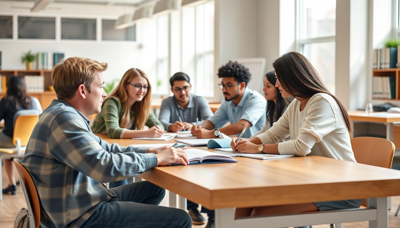 Students studying together in modern classroom